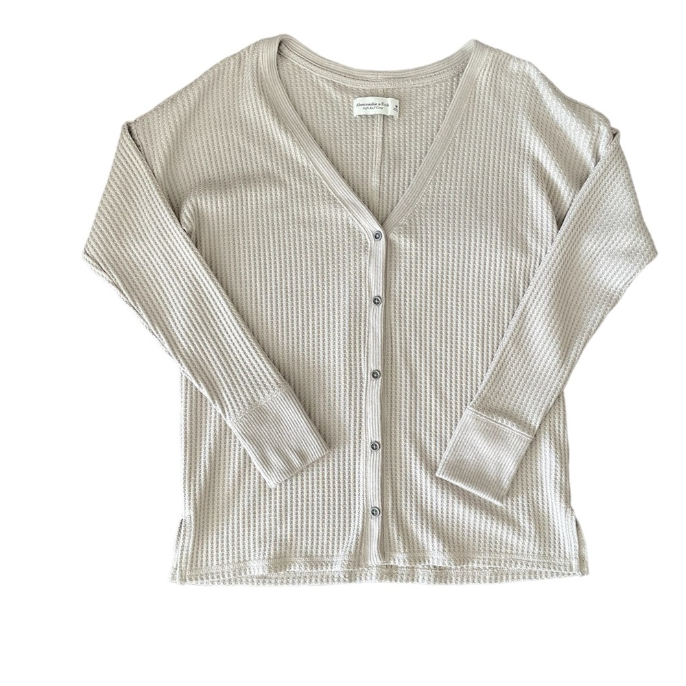 Abercrombie & Fitch Soft A&F Cozy Beige Tan Waffle Cardigan Button Sweater Top M